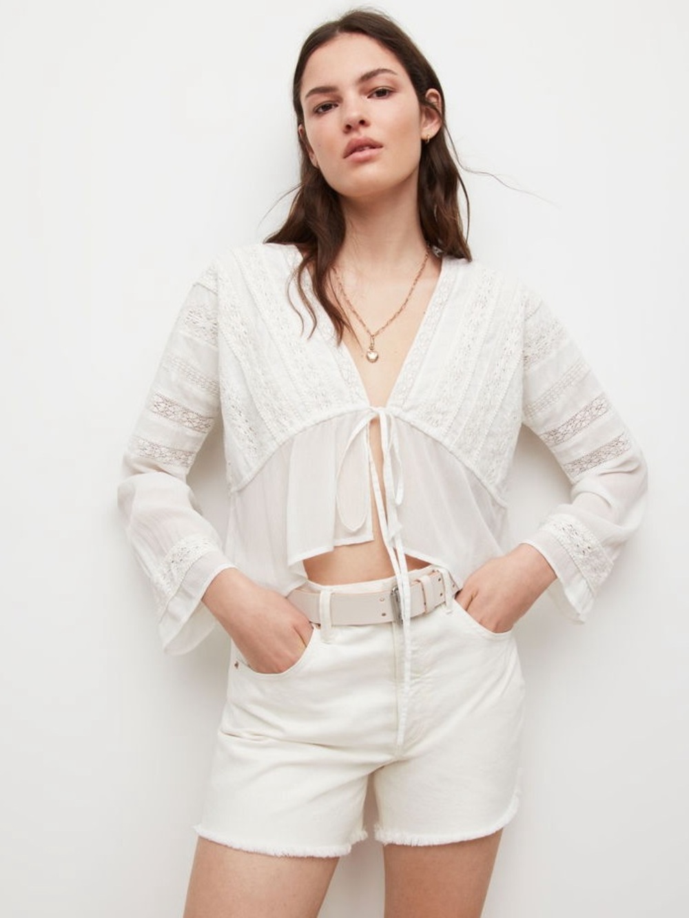All Saints Chlo Broderie White Lace Tie-Front Boho Blouse / Chalk White